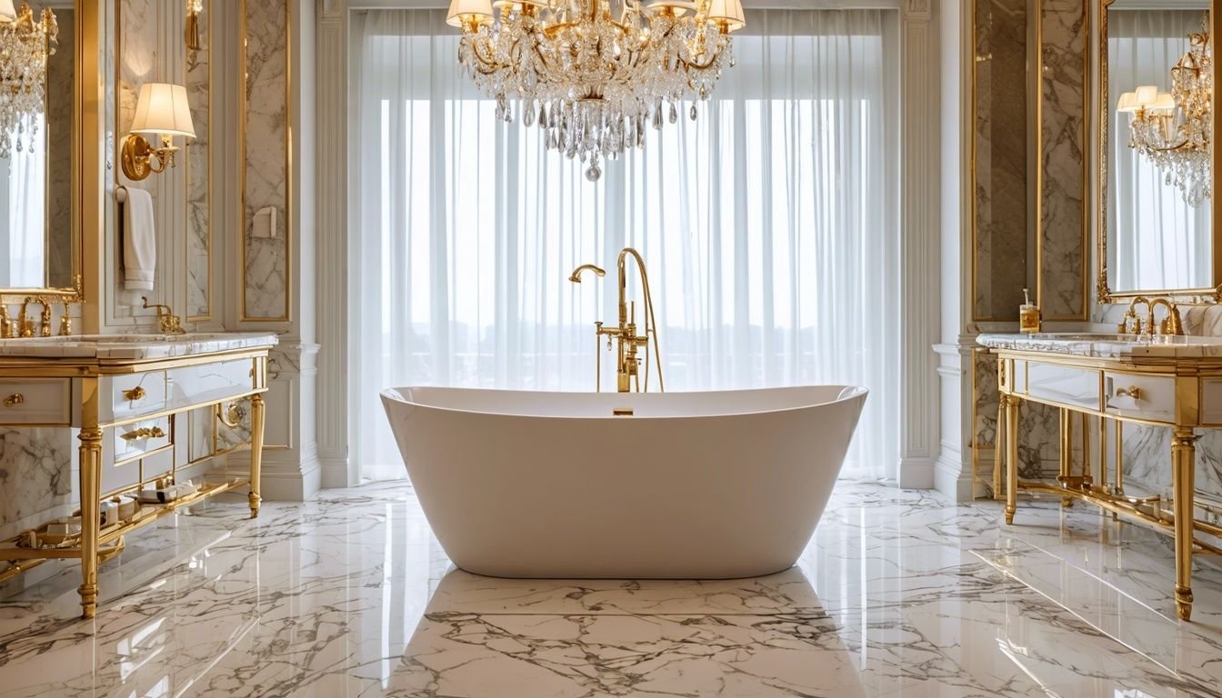 a bathroom with a large tub and chandelier