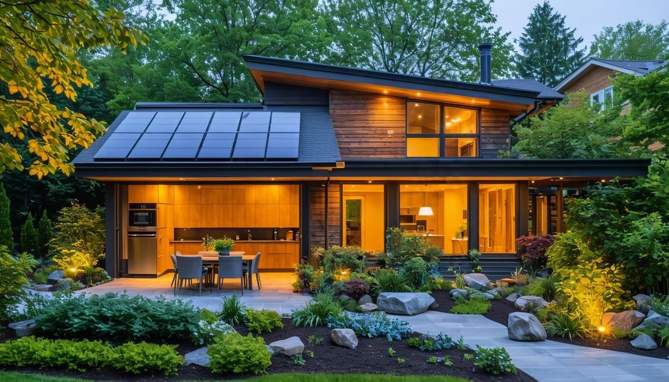 a house with a garden and a table