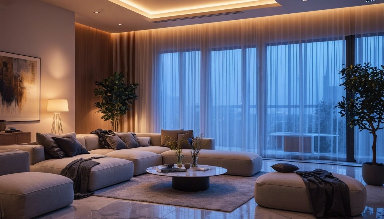 a living room with a large couch and a coffee table