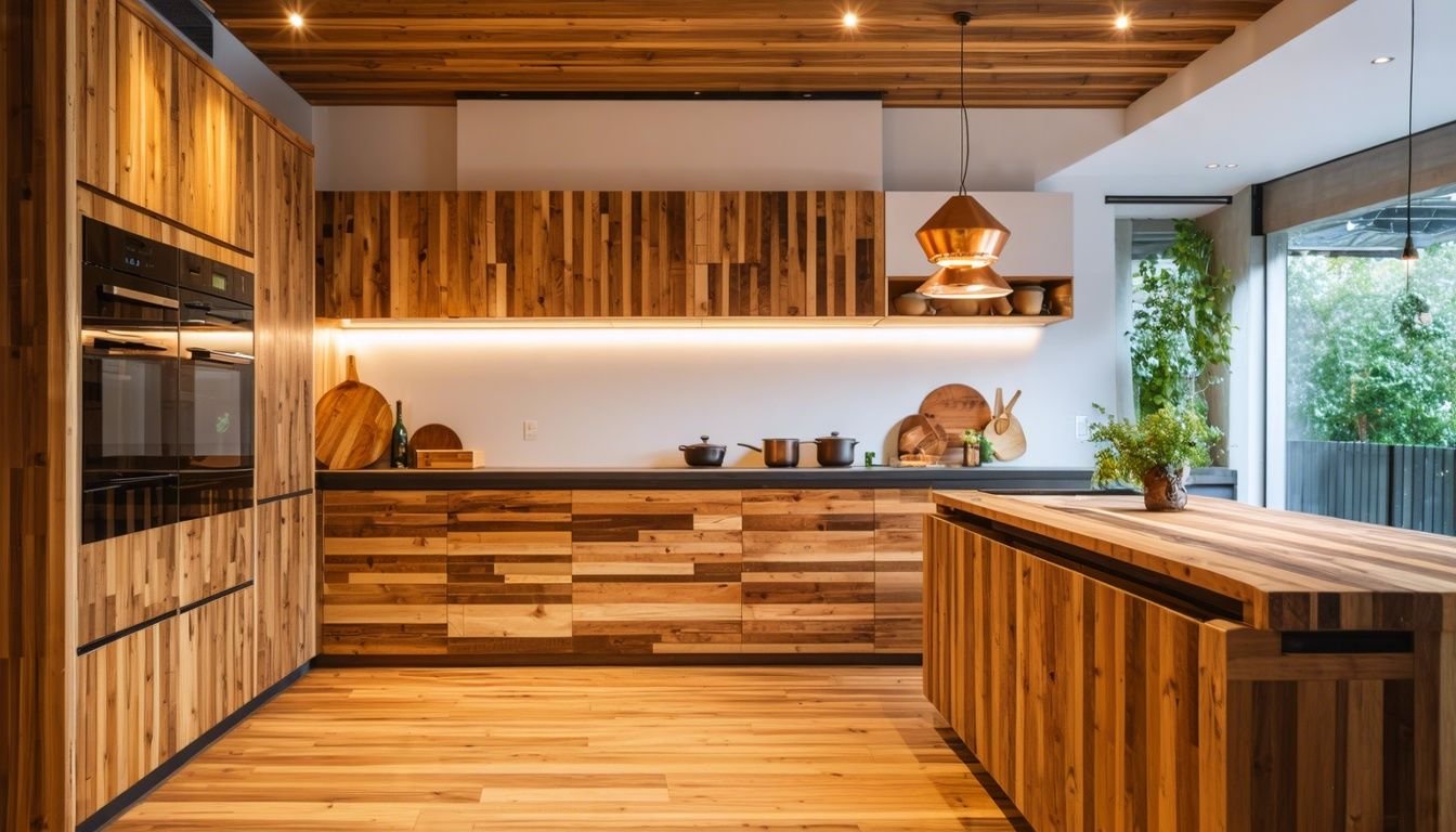 a kitchen with wood cabinets and a wood floor