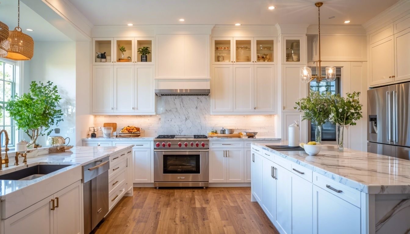 a kitchen with white cabinets and marble counter tops