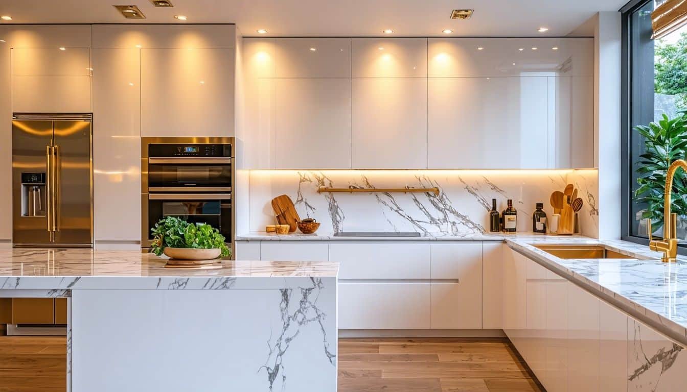 a kitchen with white cabinets and marble counter tops