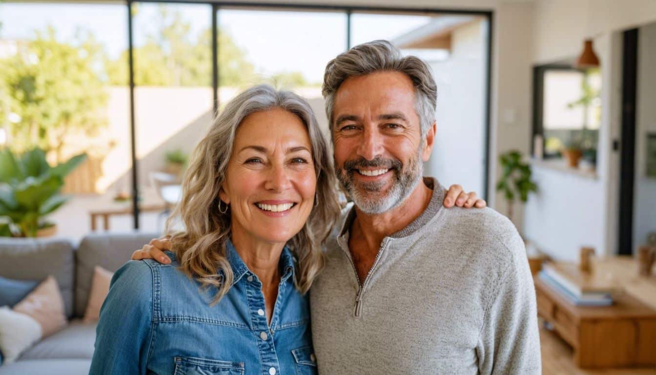 a man and woman smiling at camera