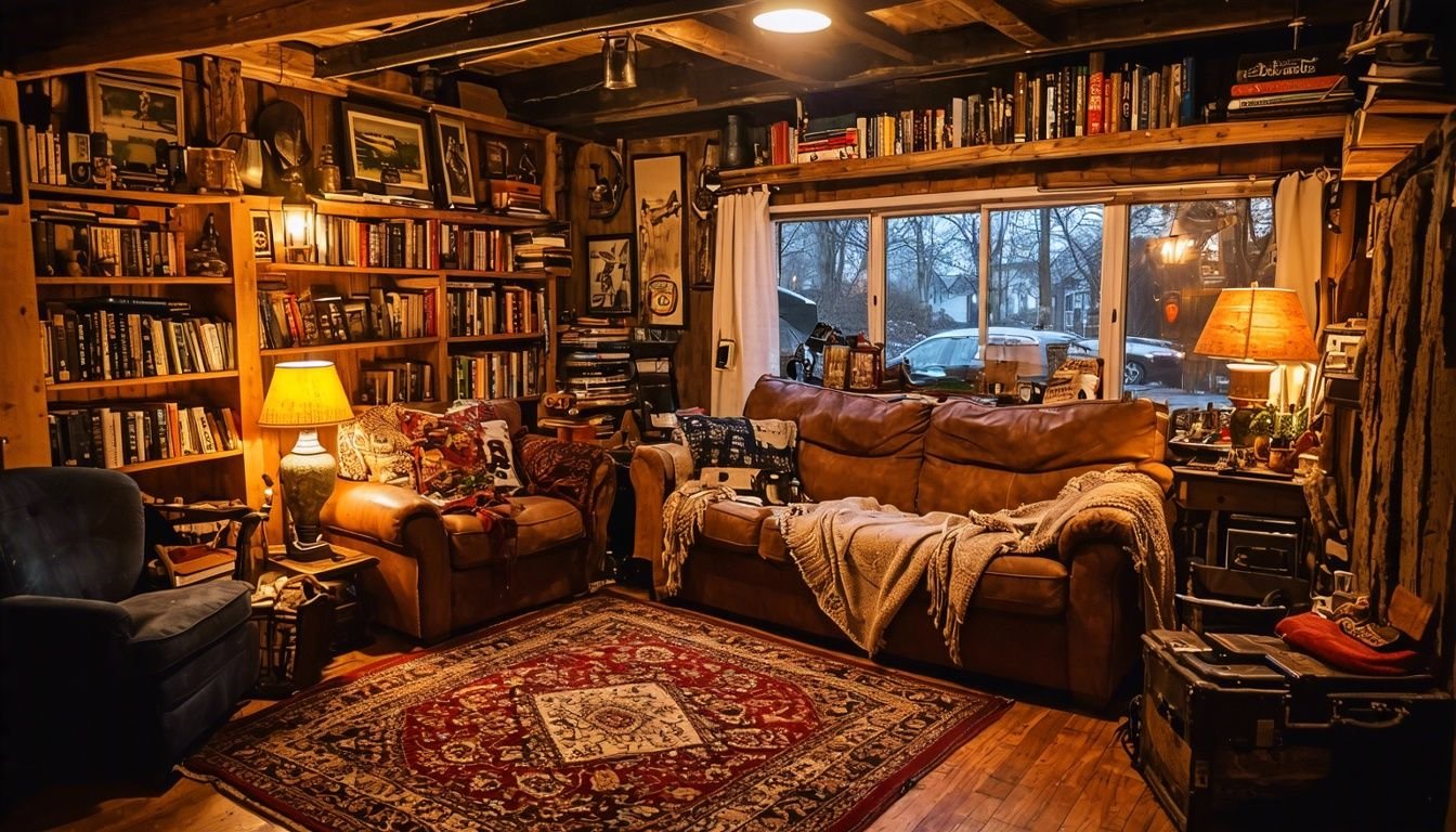 a living room with a couch and a rug