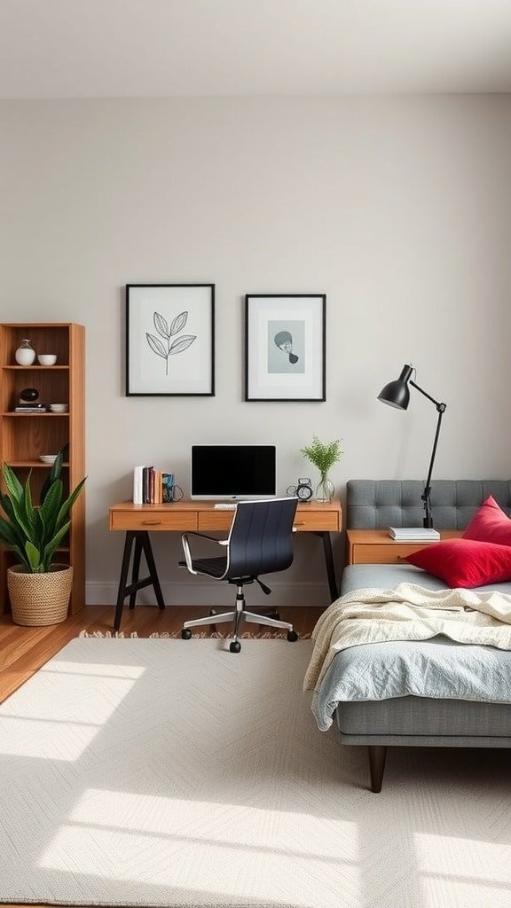 A cozy home office with a desk, chair, and a relaxing bed in a bright room.