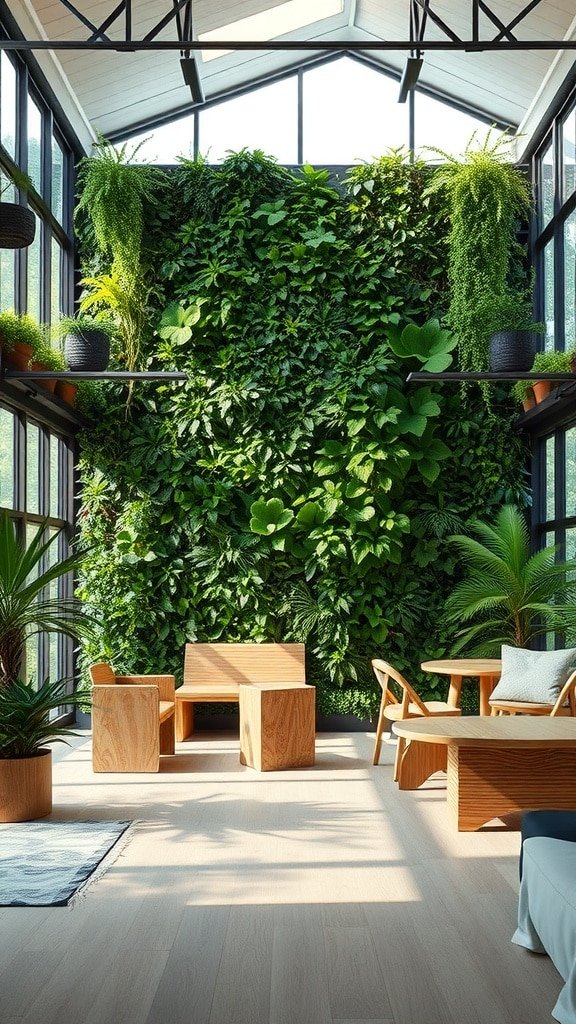 A bright and welcoming indoor space with a vertical garden, wooden furniture, and lots of natural light.