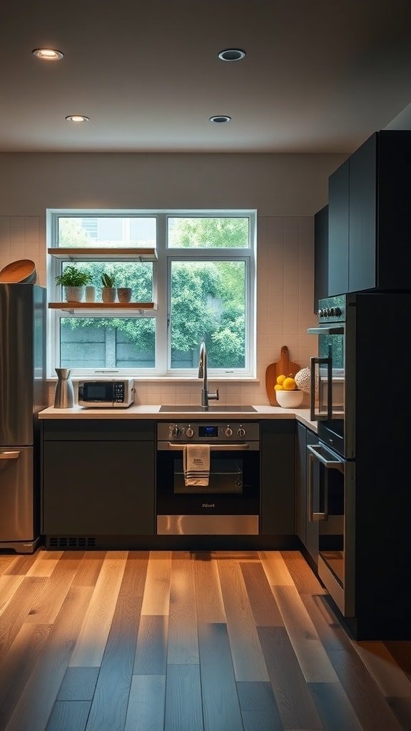 A modern kitchen featuring energy-efficient appliances with natural light.