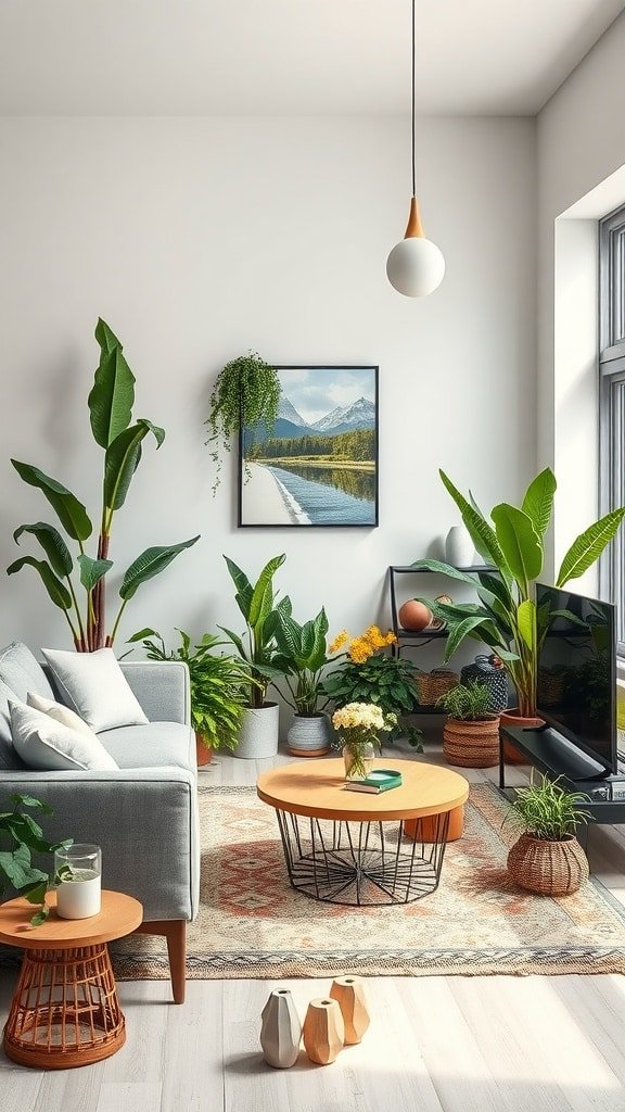A cozy living room filled with various indoor plants, featuring a comfortable sofa and natural light coming through large windows.