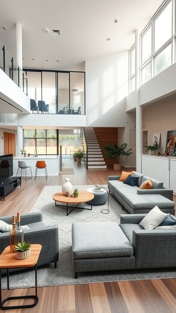 A spacious and bright living area with open floor plan, large windows, and modern furniture.