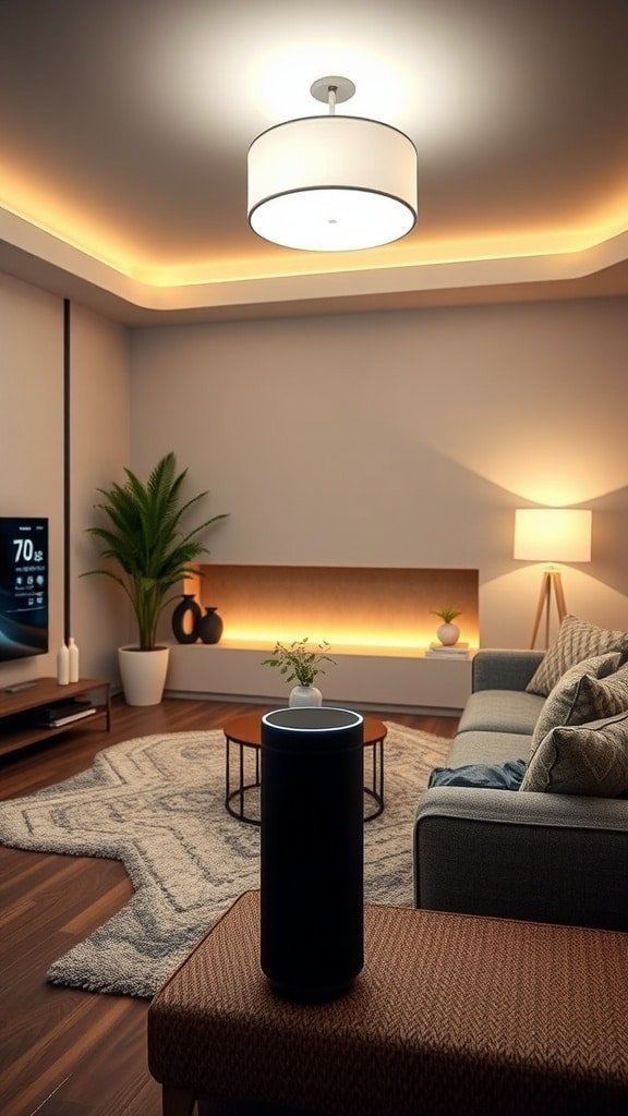 A modern living room featuring smart home technology, including a TV and smart devices on a coffee table.