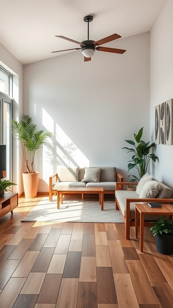 A bright and airy living room featuring sustainable design elements like natural wood flooring and indoor plants.