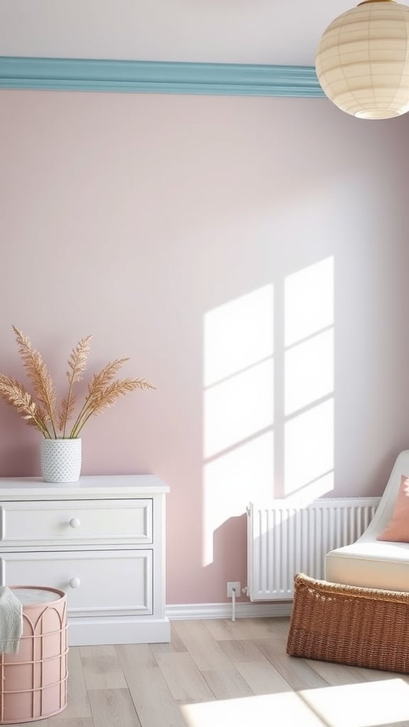 A bright and airy room with light blue walls and natural light.