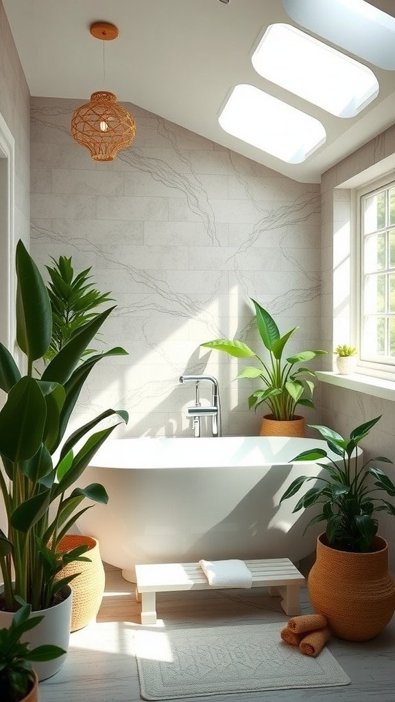 A serene bathroom featuring a freestanding tub, indoor plants, and natural light.